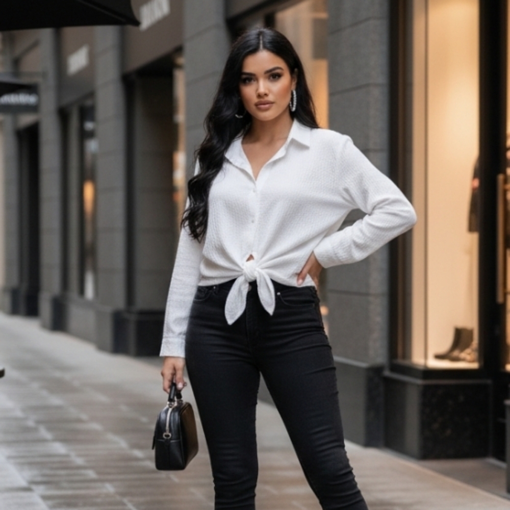 BCX White Tie-Front Blouse Size Medium